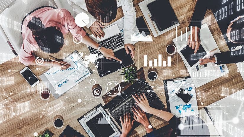 Imaginative visual of business people and financial firms staff . Concept of human resources , enterprise resource planning ERP and digital technology .