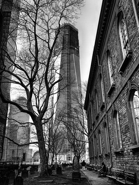 Buildings in city with black and white