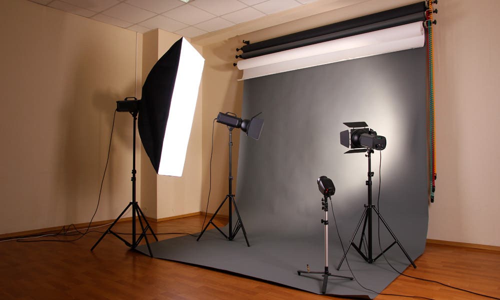Backdrop with studio lighting and equipment