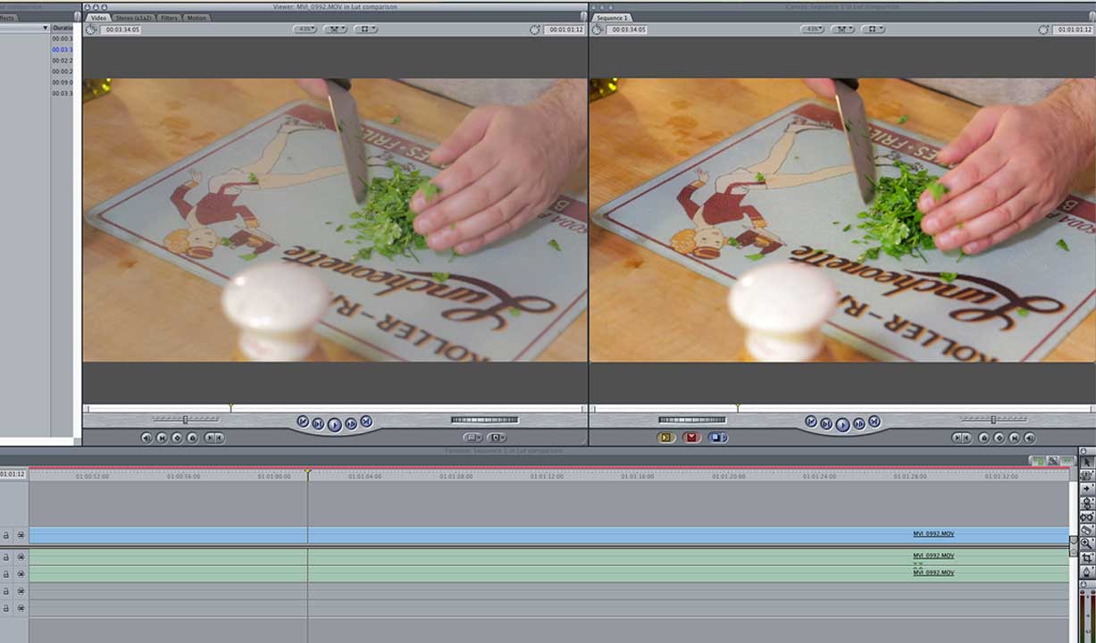 The footage appearing in the viewer to the left was recorded through a log. The same footage to the right is how it would appear with a LUT applied to it.