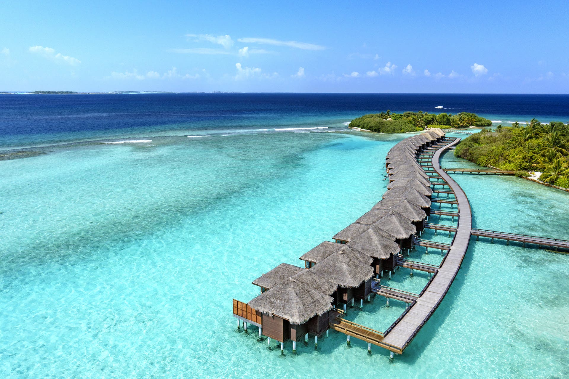 The unique over water bungalows of the Sheraton Maldives.