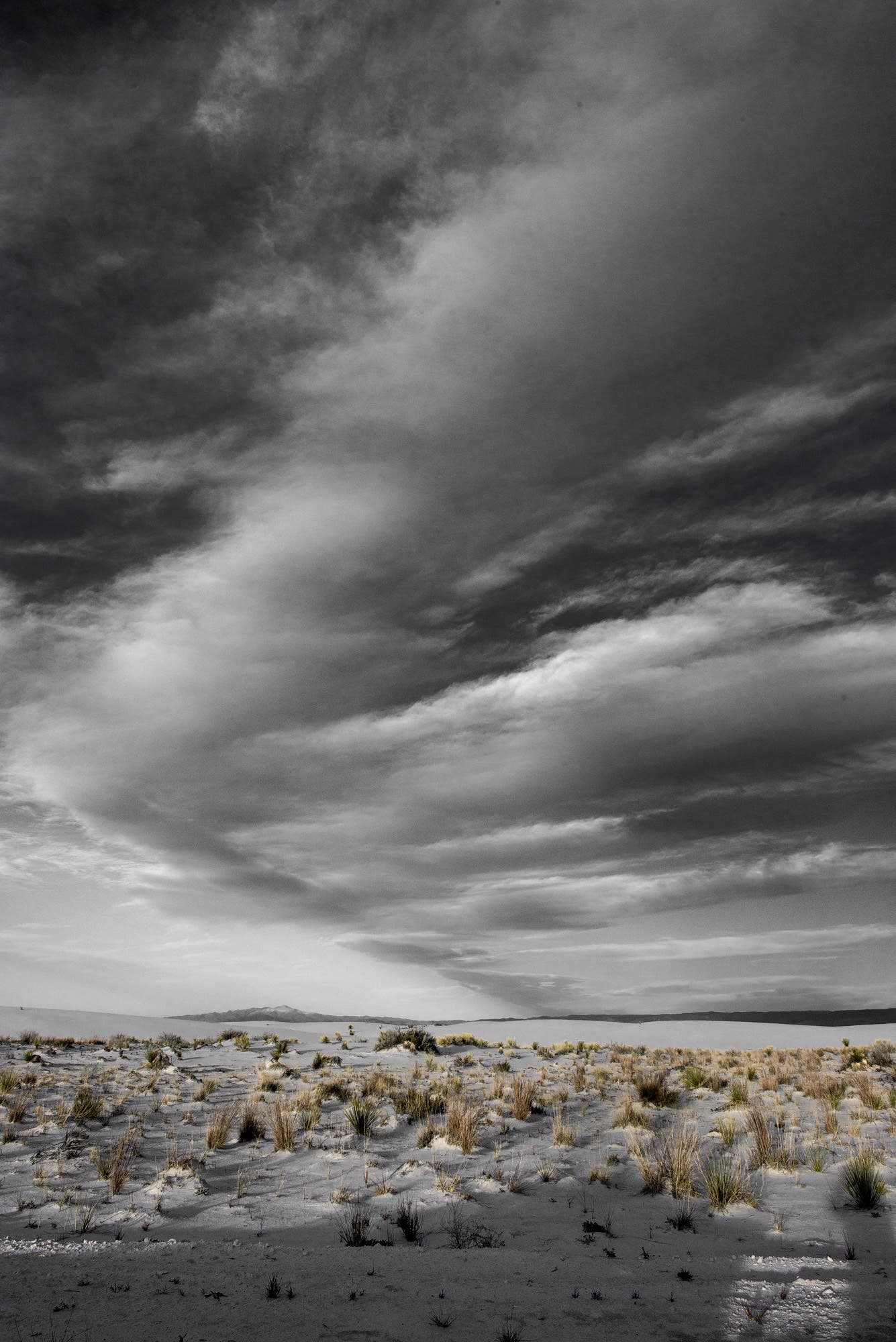 The two elements that most attracted me at this location in White Sands National Monument were the yellow tufts of dry grass and the dramatic cloud formations. I chose a vertical format that showed much more of the sky than the land to give the clouds star billing. And in after-capture, I removed the blue of the sky to bring out the yellow color against black-and-white surrounding.