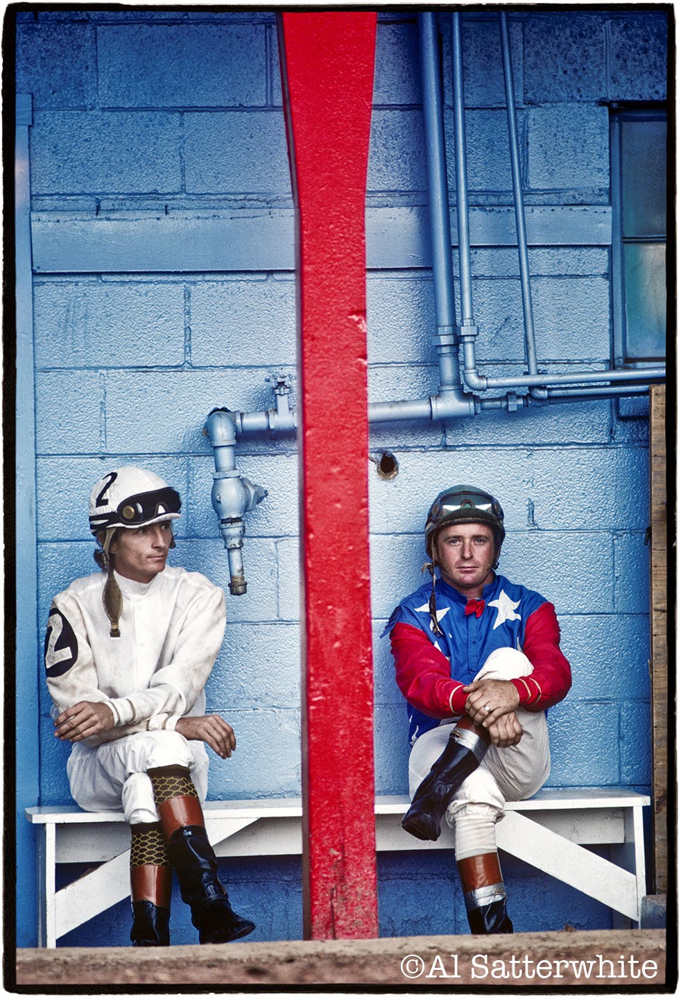 June 5, 1976 • Ruidoso Downs, New Mexico • jockies waiting at Ruidoso Downs Race Track • 300mm f4.5 Nikkor