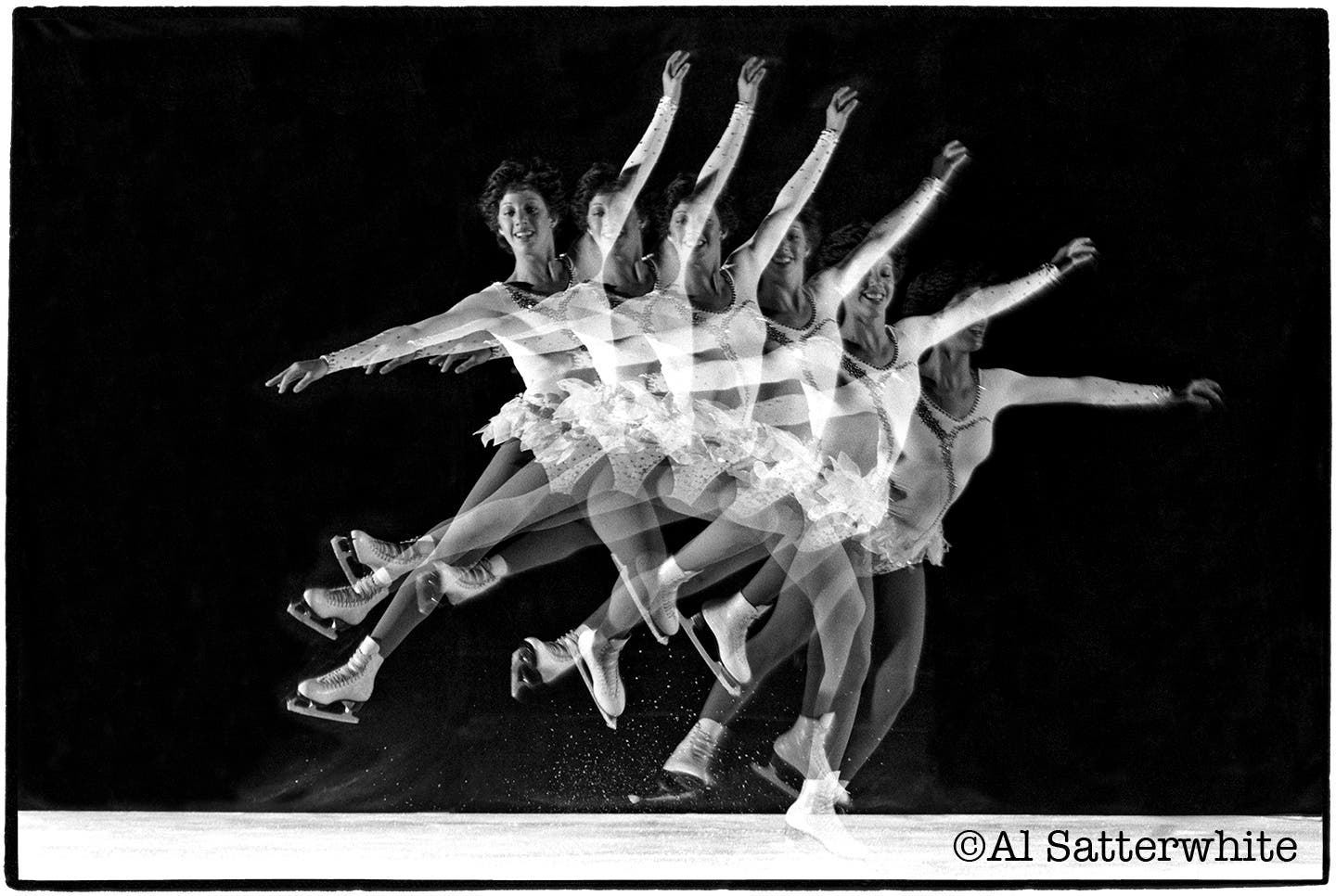 November 8, 1978 • Los Angeles, CA • Linda Fratianne jumping in multi-exposure (6) with 12 strobes firing • People magazine assignment (my idea for the multi-exposure) • took 5 assistants 6 hours to black out all the windows in the ice rink where she practiced