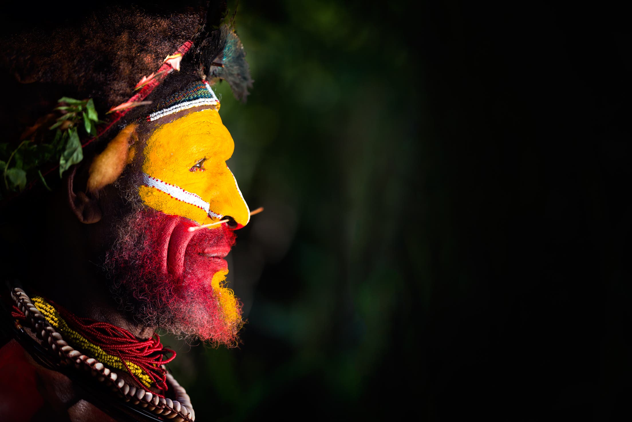 The brightly coloured face painting that is recognisably Huli.