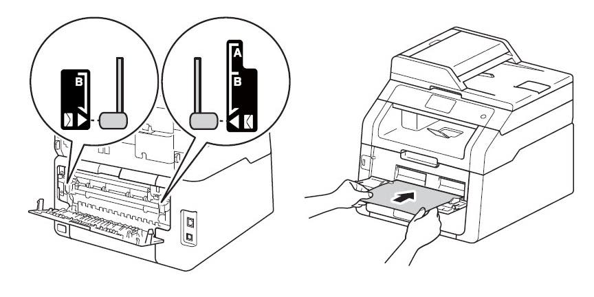 illustration of how to insert envelopes in the manual feed slot of laser printer" Image via Brother