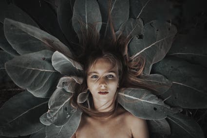 feminine lay down on leaves
