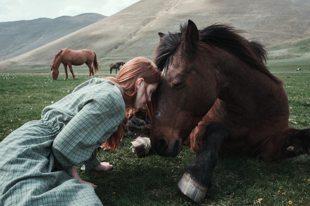 feminine and horse in field