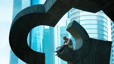 model sitting in stone architecture