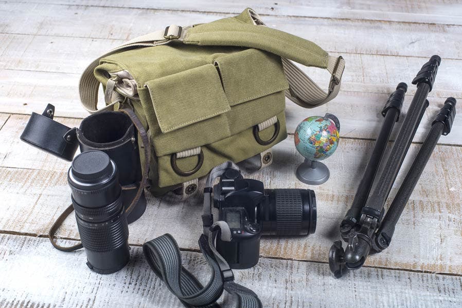 Camera and accessories on a table