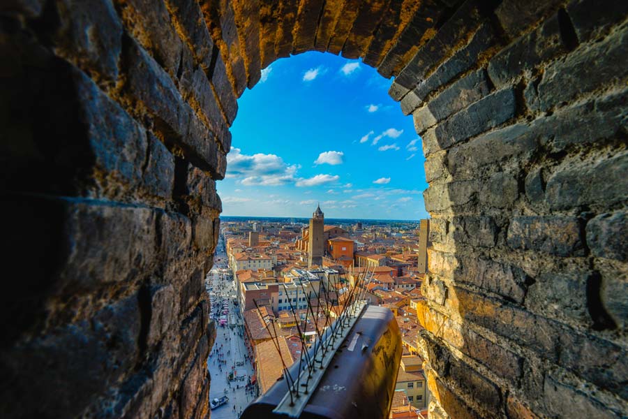 Brick tower window framing Garisenda tower in italy subframing technique