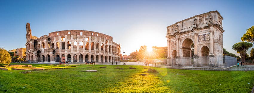 panorama architecture photo of the colosseum and constantine arch in rome