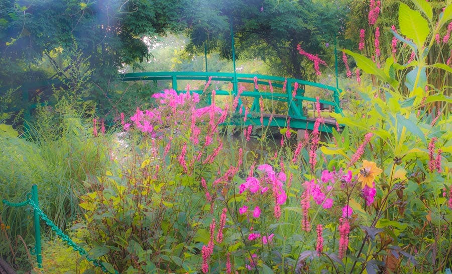 flower garden and bridge at giverny