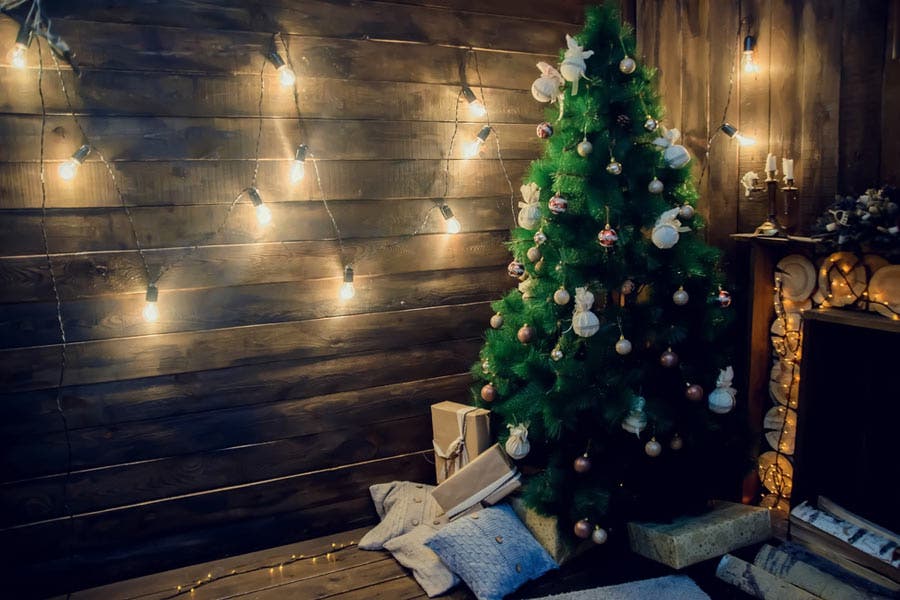 Christmas tree in a log cabin