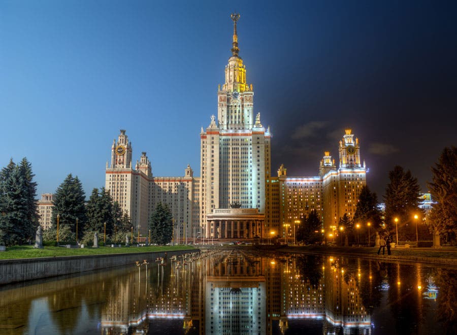 Merged day to night image of the Lomonosov Moscow State university