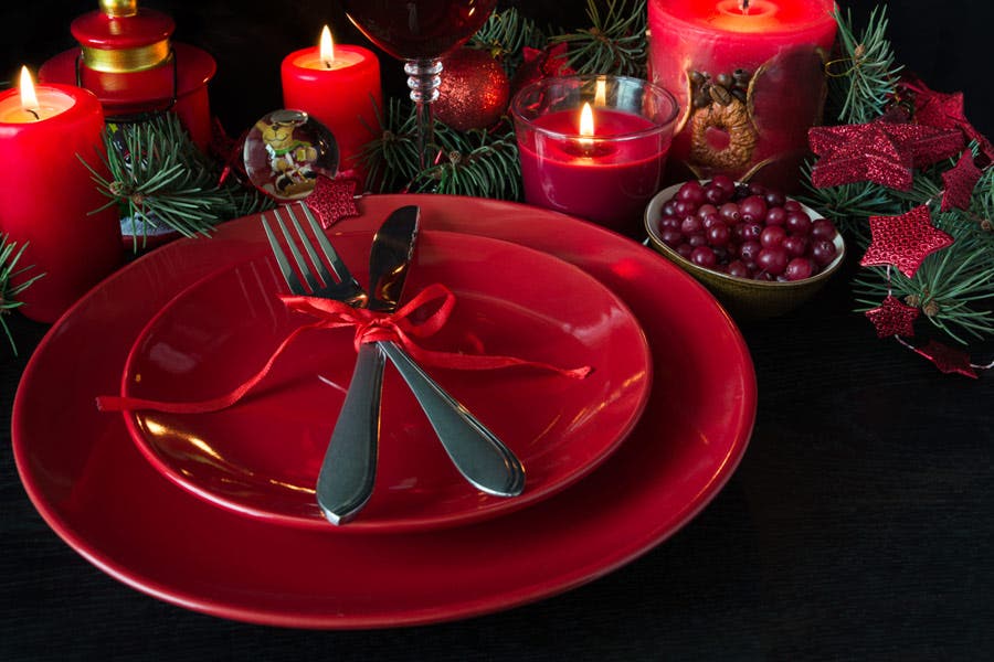 Festive table setting with red color theme