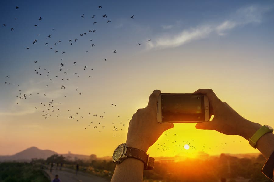 person taking a photo of the horizon with his smartphone