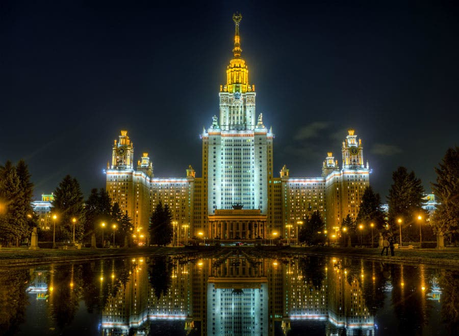 Nighttime shot of the Lomonosov Moscow State university