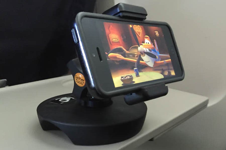 Tether Tools’ Rock Solid LoPro Phone Mount and RapidMount Q20 in use as phone stand