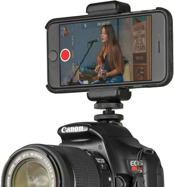 Phone mounted on camera with Tether Tools’ Rock Solid LoPro Phone Mount and Hot Shoe 1/4"-20 Adapter