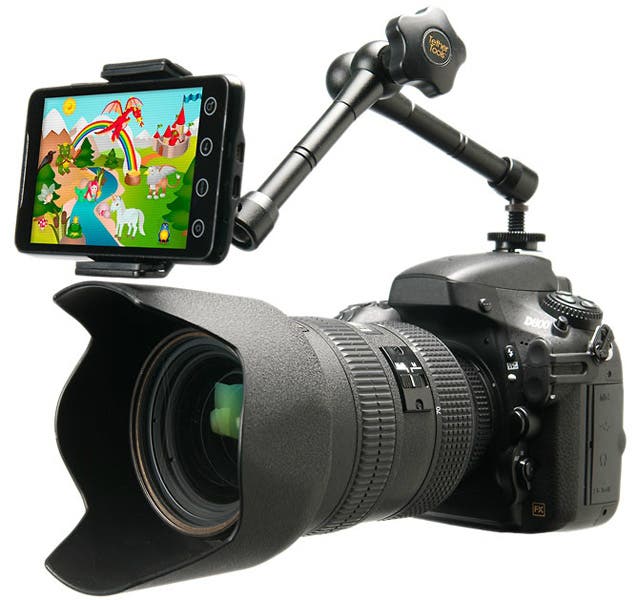 Smartphone mounted on DSLR with Tether Tools’ Look Lock holder