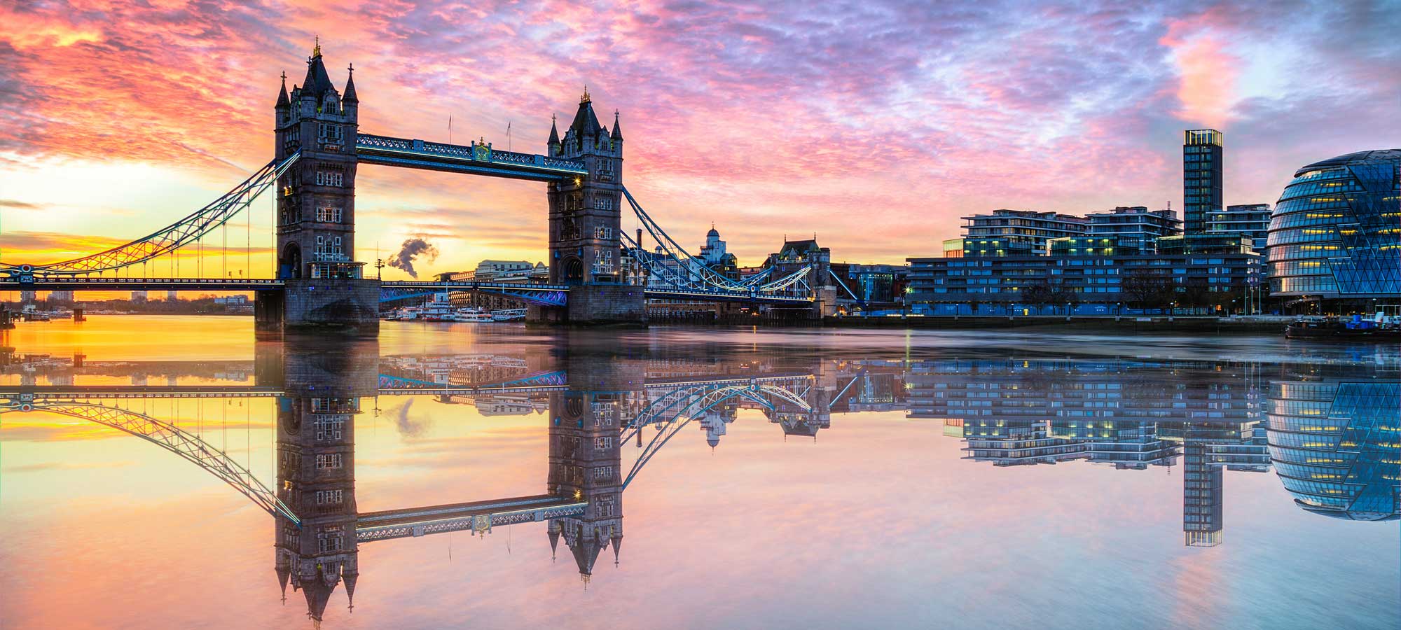 Water reflection of London Tower Bridge at sunset