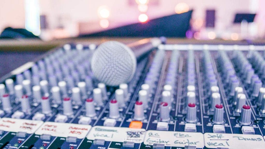 shure sm58 microphone on recording studio interface