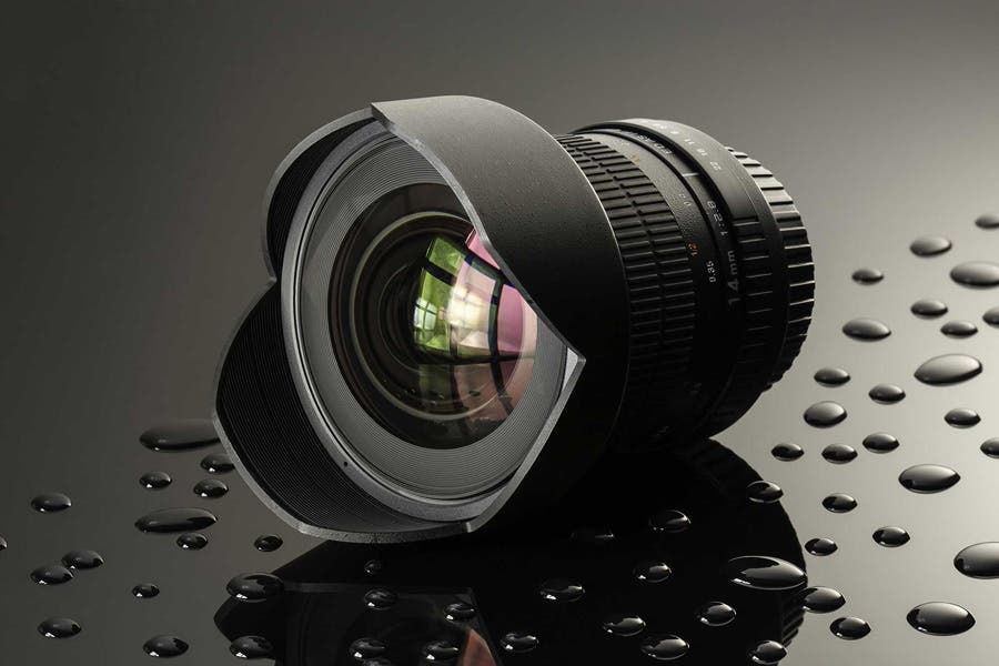 weather sealed wide angle lens surrounded by water droplets