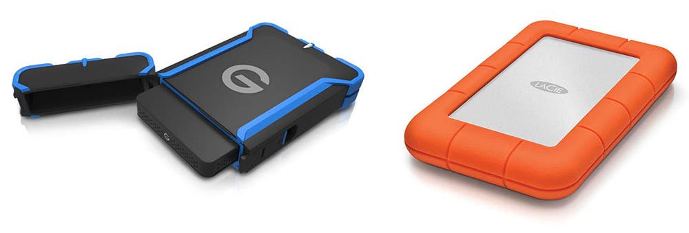 G-Technology G-Drive ev ATC External Hard Drive (left) and the LaCie 1TB Rugged Mini Portable External Hard Drive (right)