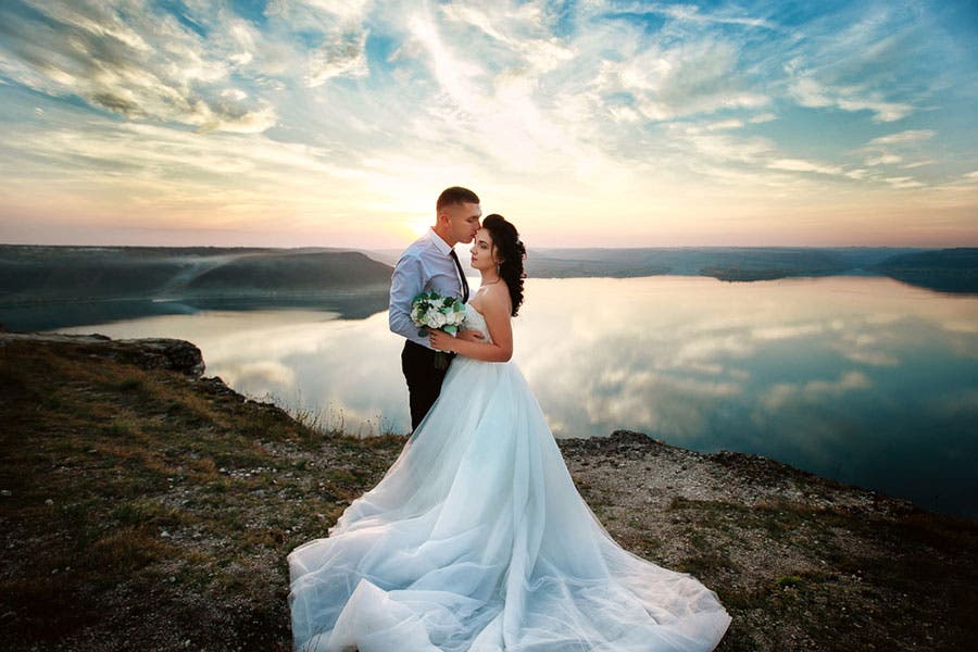 beautiful sunset shot of wedded couple