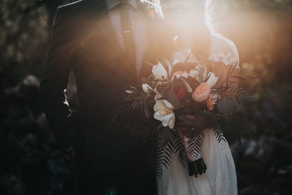 Film Wedding Photography bride and groom flowers