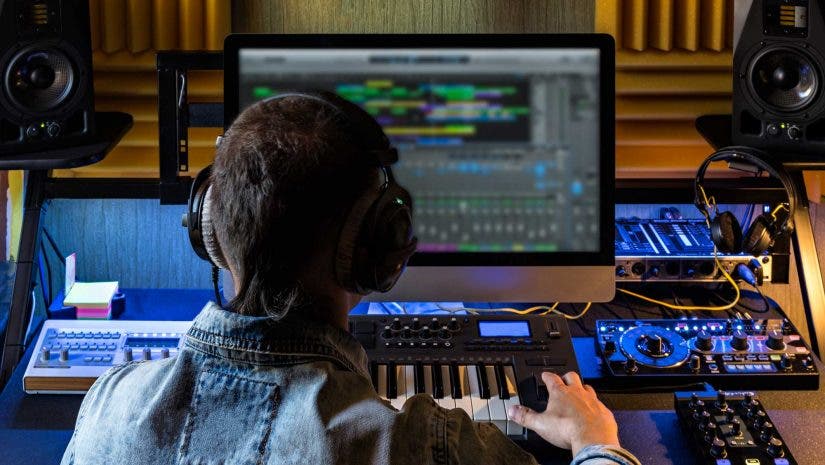Music producer editing and mastering audio tracks