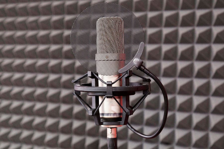 Pop filter and microphone in soundproofed studio