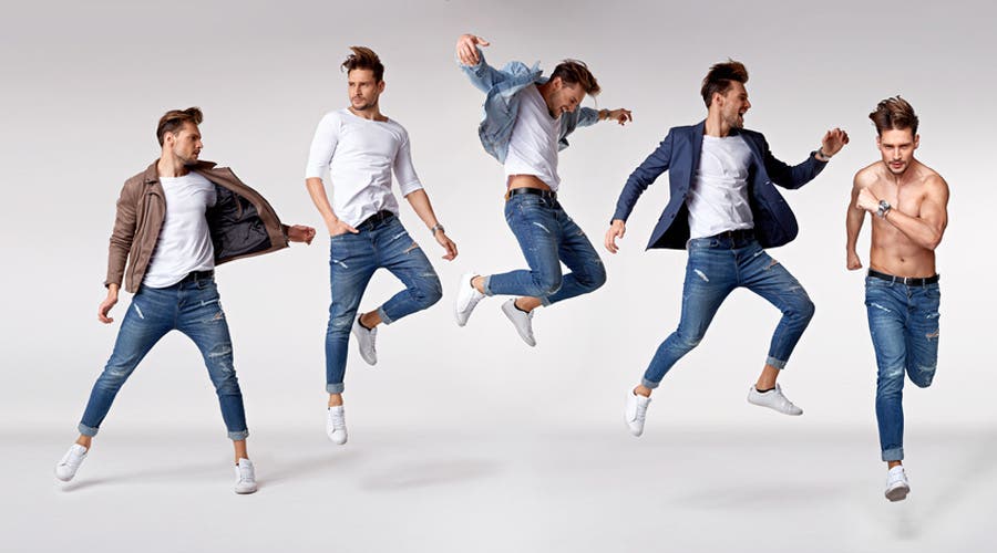 male model doing a couple of action poses for the camera