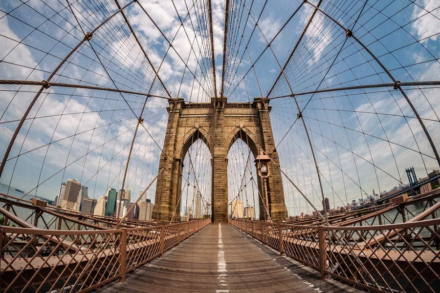 fisheye perspective of Brooklyn Bridge