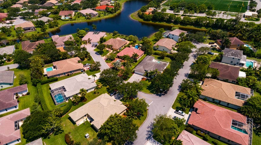 aerial view of a cluster of homes