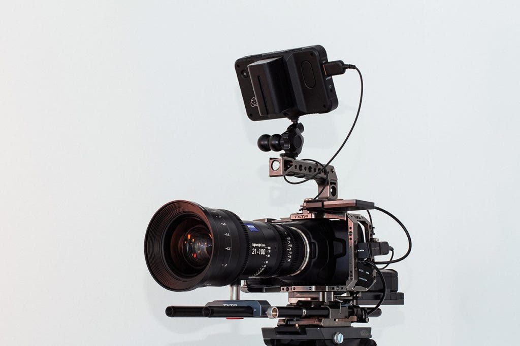 cinema cameras rig setup with lens and external monitor
