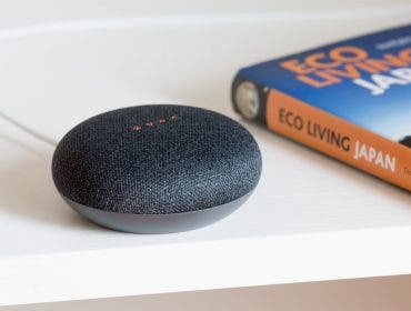 Charcoal Google Mini on white surface
