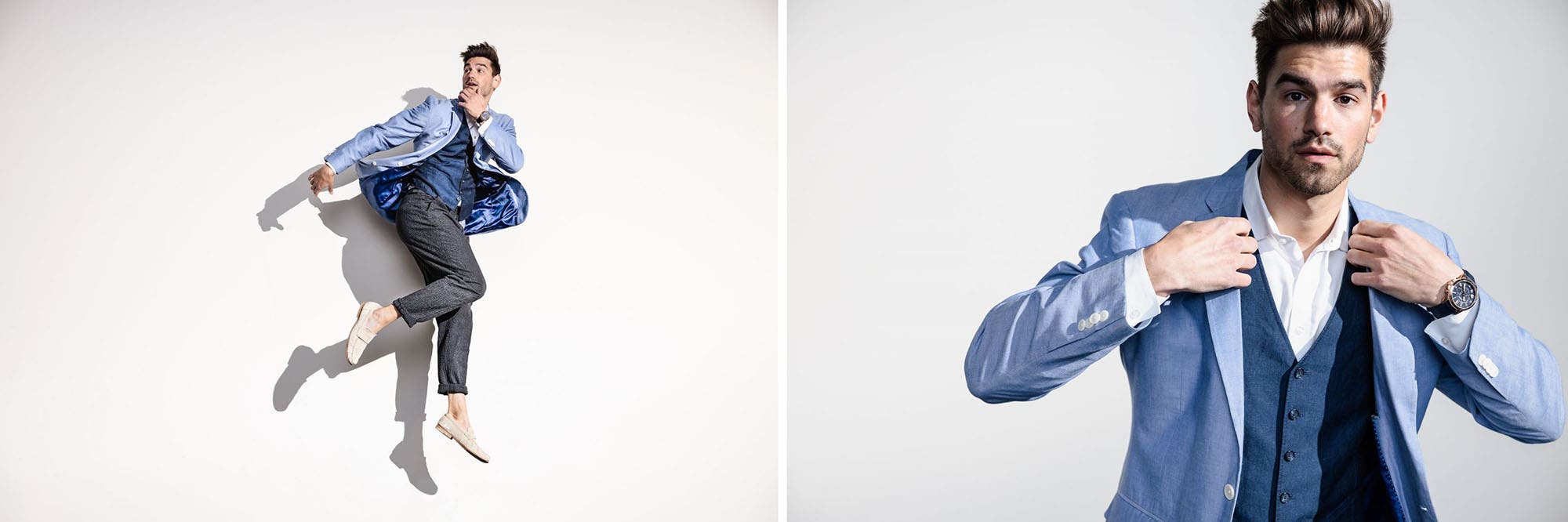 Male model poses using different examples of incorporating motion into posing