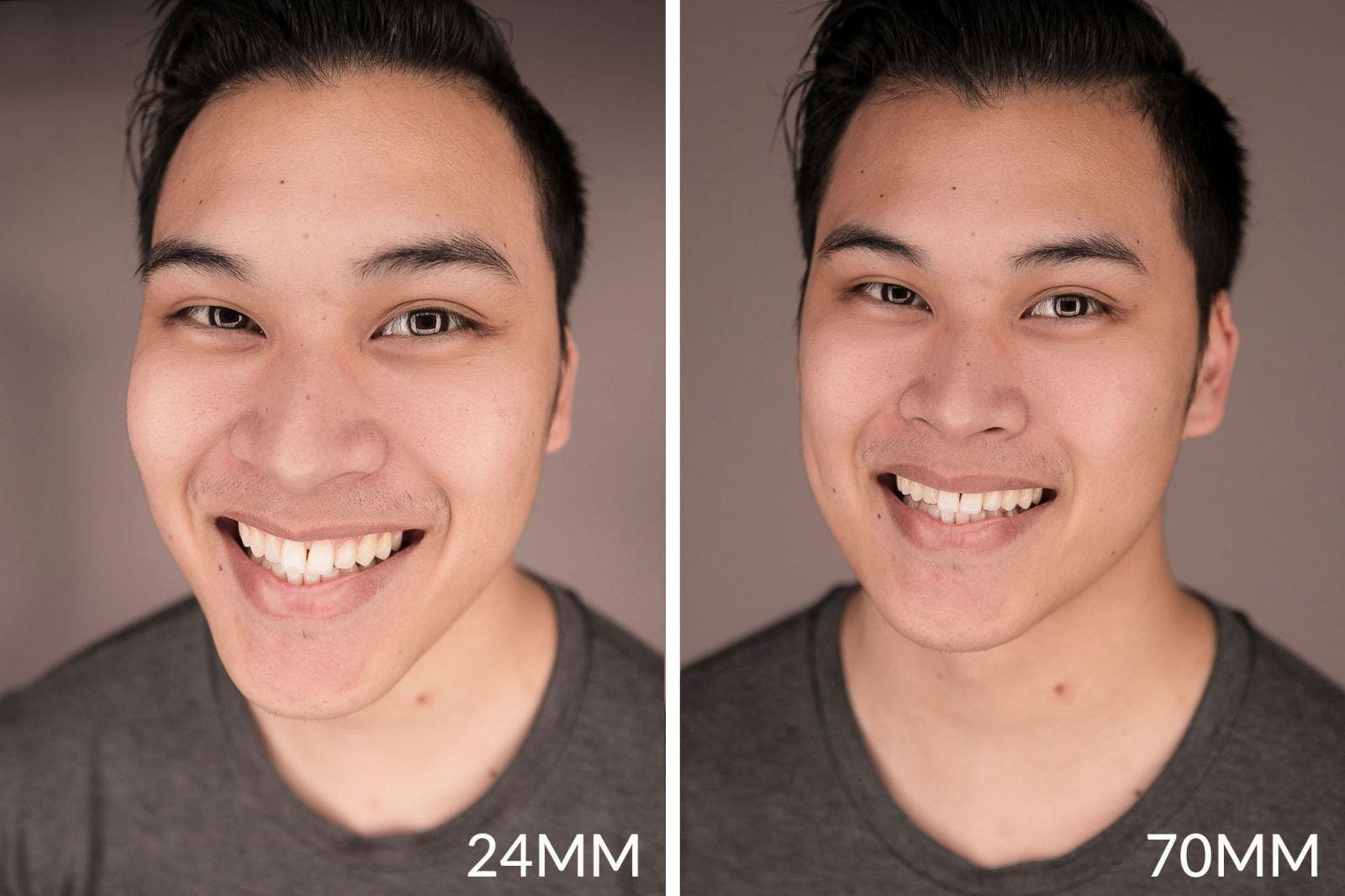 Male model poses for headshot with two different focal lengths