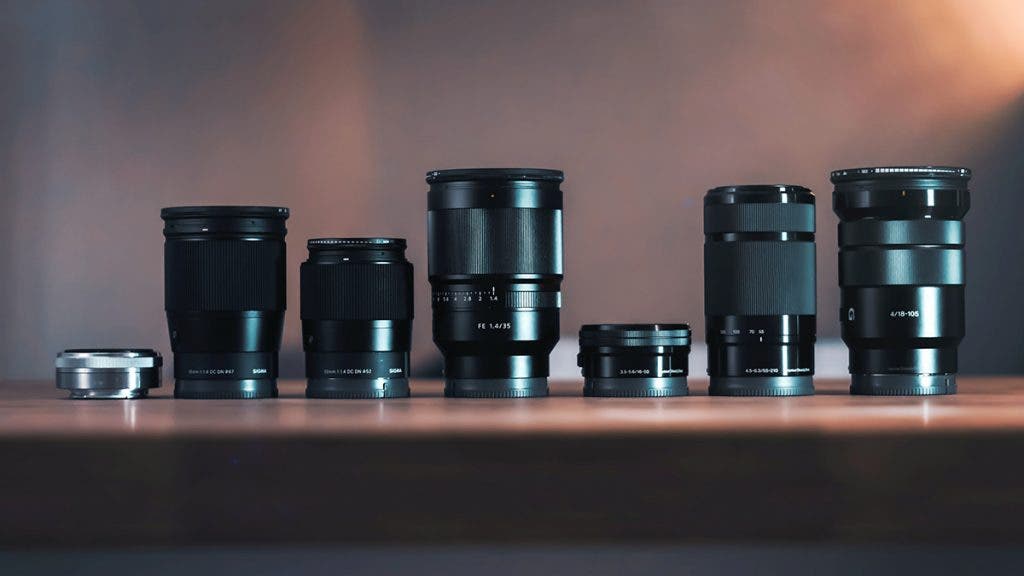 6 lenses of different focal length and type on table