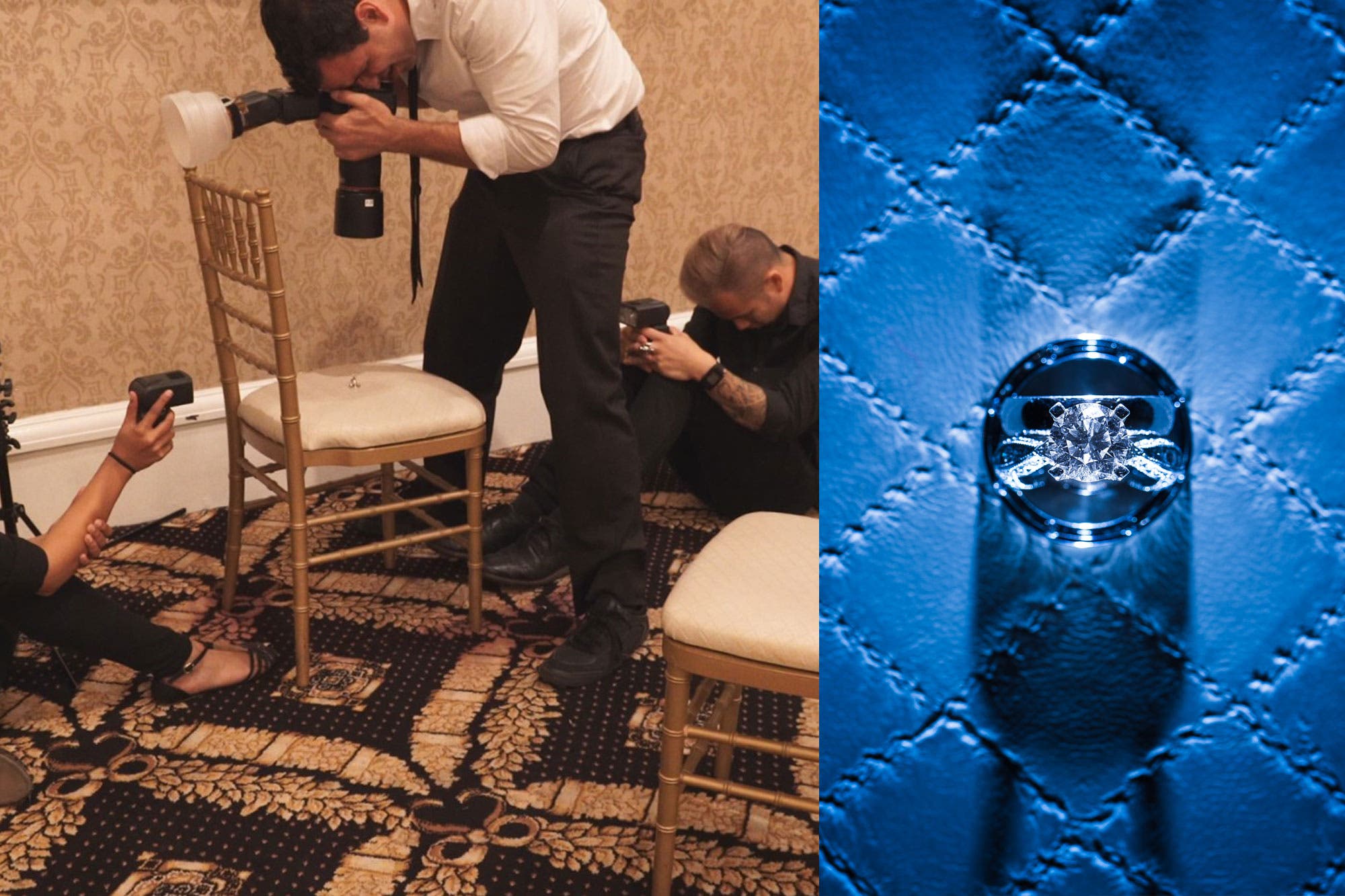 Behind the scenes wedding ring on a chair photo next to the finished image