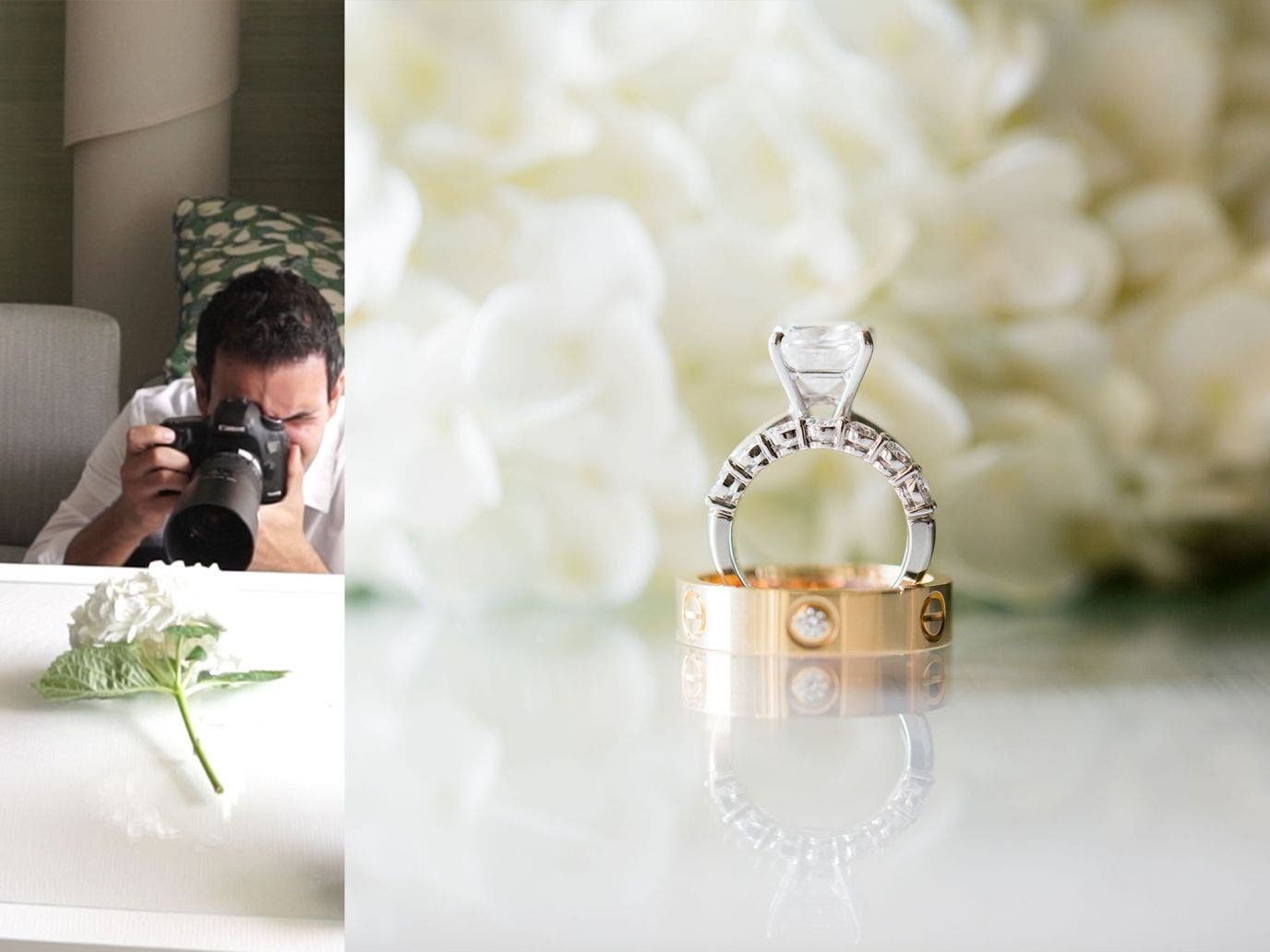 Behind the scenes wedding ring photo with flower bouquet