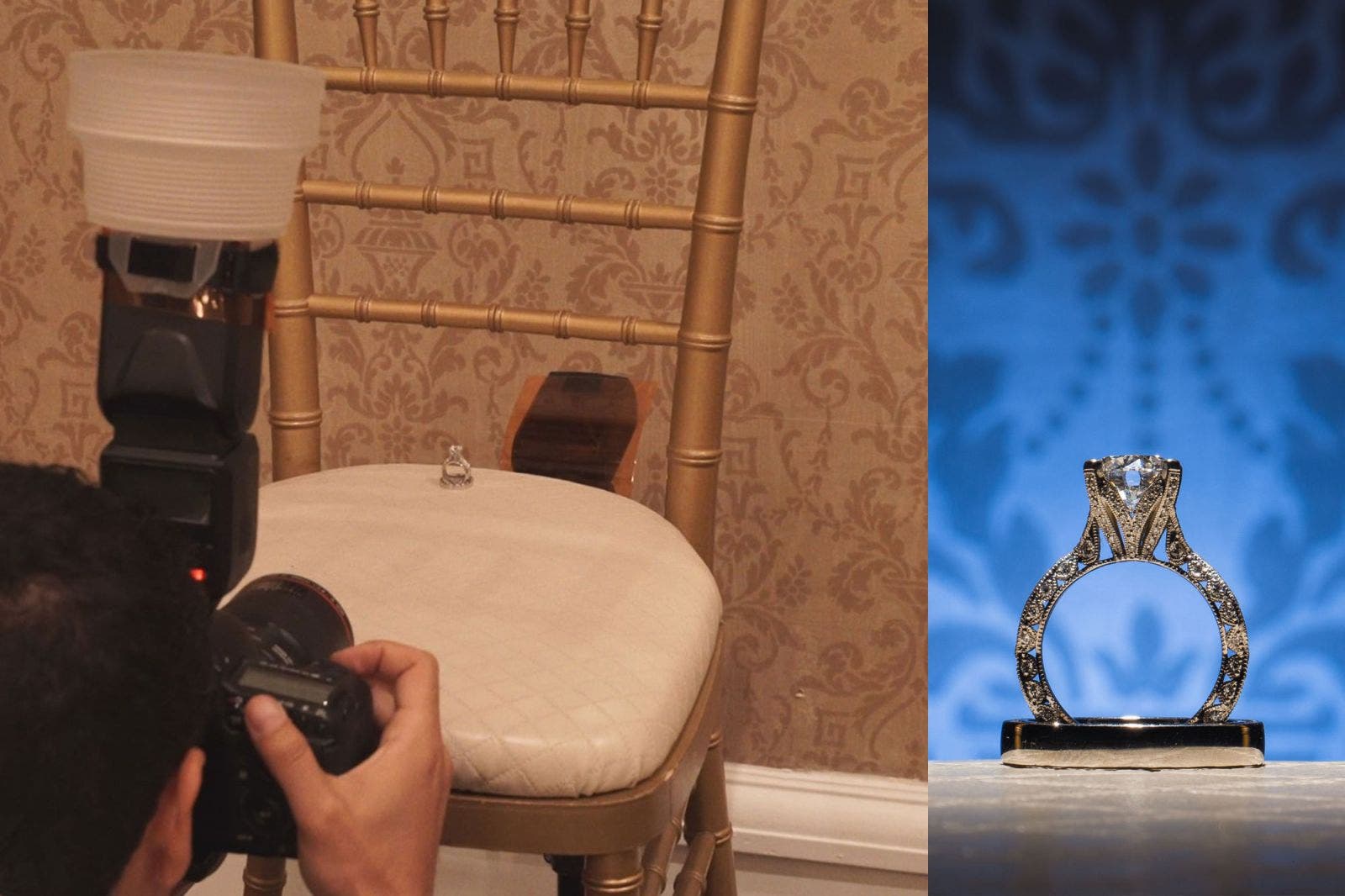 Behind the scenes wedding ring photo with wallpaper backdrop