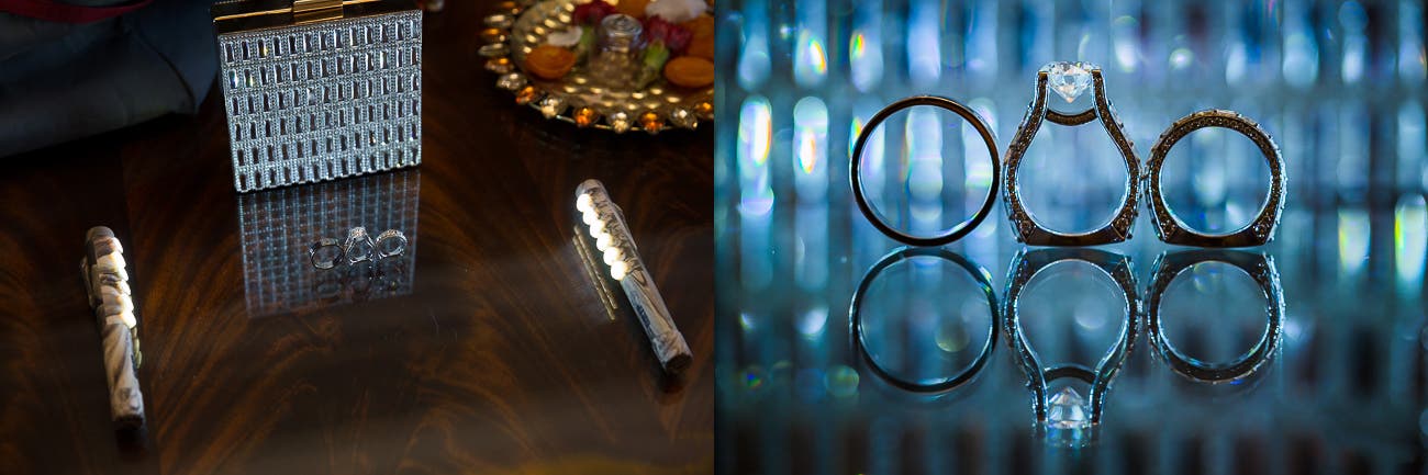 behind-the-scenes wedding ring lighting setup next to the final image