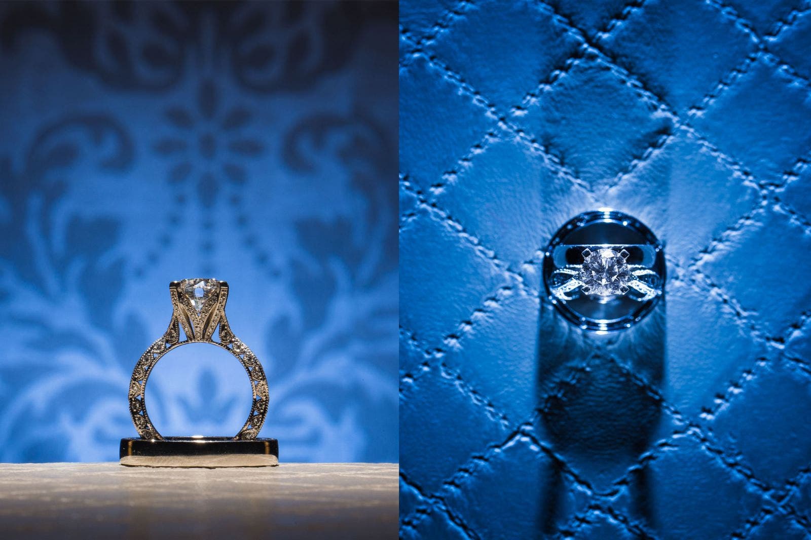 Side by side images of wedding rings from two different angles