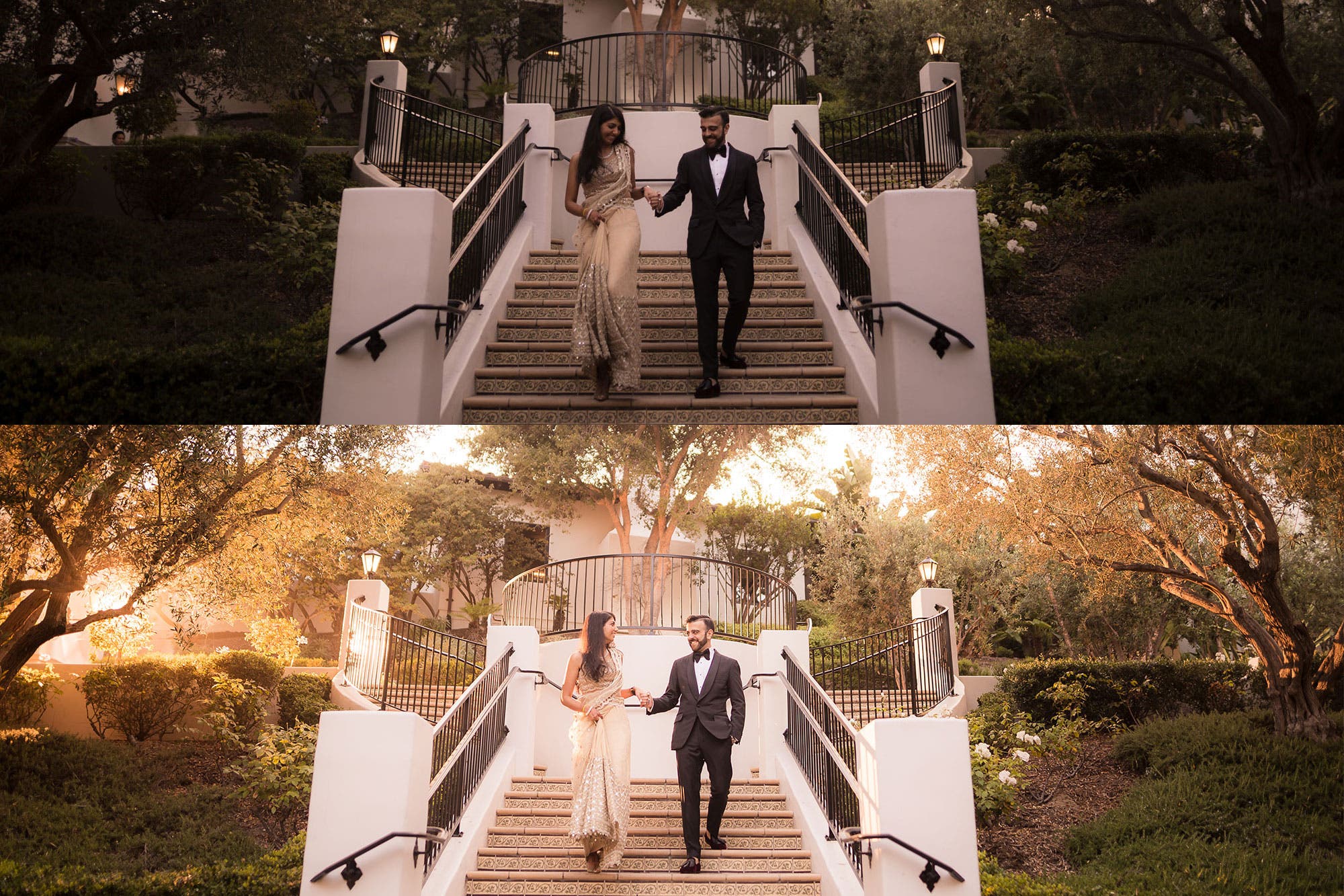 couple walks down the stairs for fake golden hour before and after