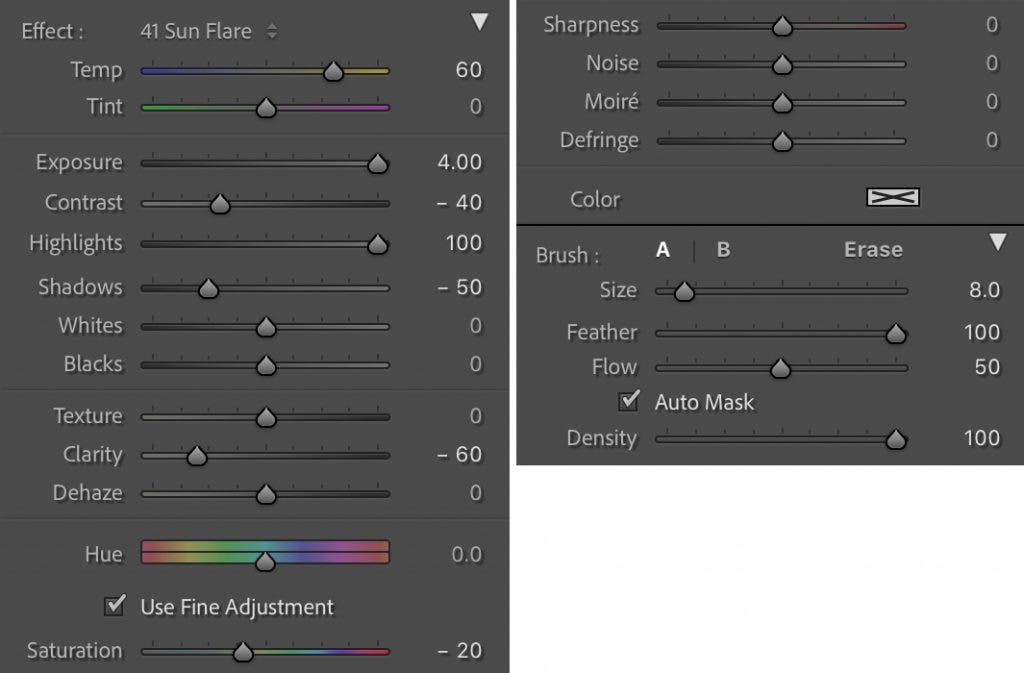 lens flare tips with Lightroom brush settings