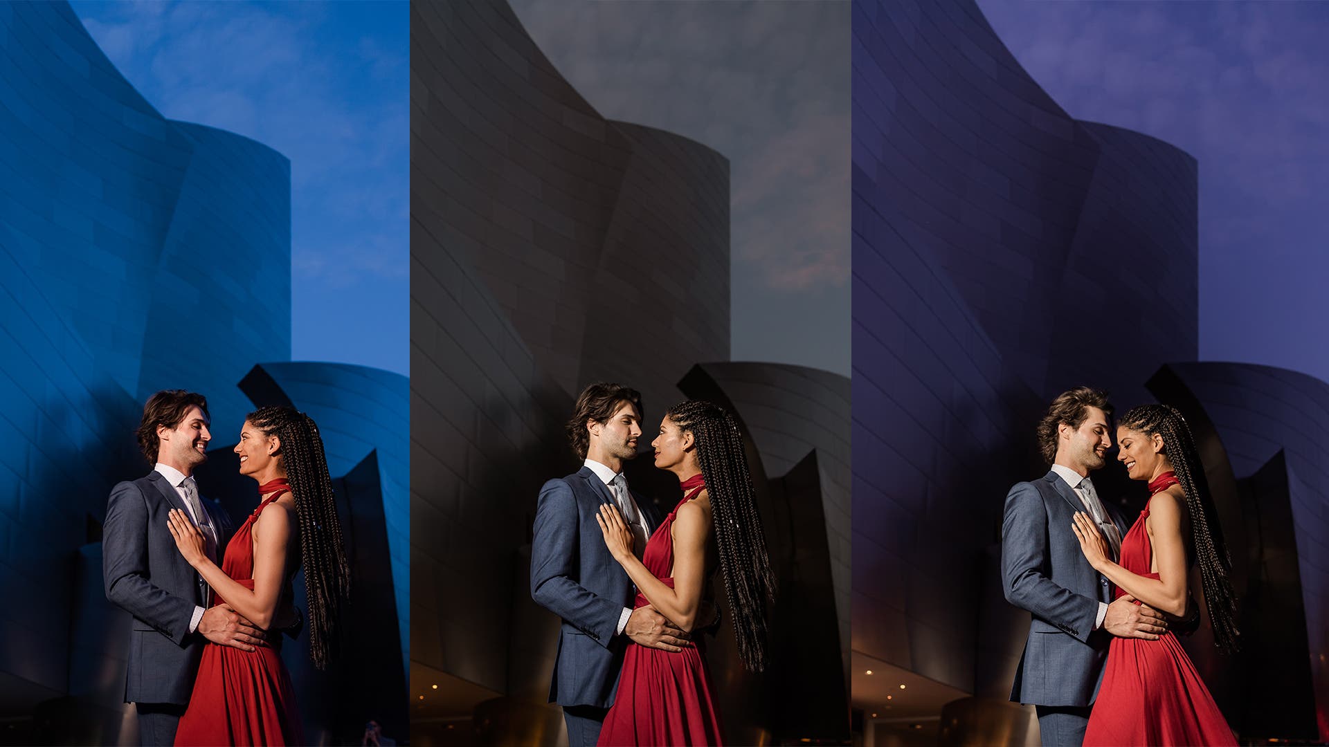couple stands lit with colored gels