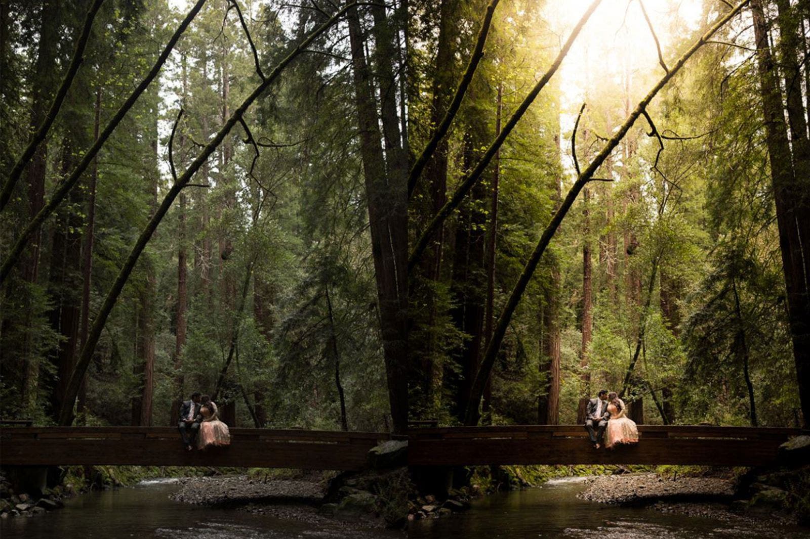 Couple sits on a log before and after post production